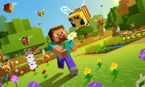Steve z Minecraft Bedrock trzyma kwiat, otoczony przez pszczoły. Dowiedz się, jak zaktualizować Minecraft Bedrock, by cieszyć się nowymi funkcjami.