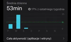 Wykres słupkowy pokazujący średni dzienny czas korzystania z iPhone'a (53 minuty) z podziałem na dni tygodnia.