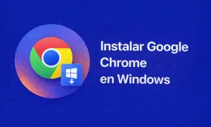 Logo Google Chrome i ikona pobierania dla Windows na niebieskim tle.