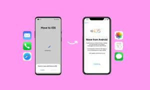 Ilustracja pokazuje, jak przenieść dane z Androida na iPhone. Widoczne są ekrany aplikacji "Move to iOS" na obu urządzeniach.