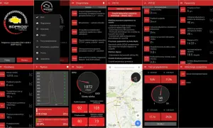 Aplikacja SDPROG pokazuje dane diagnostyczne pojazdu, w tym obroty silnika, prędkość i temperaturę. Można tu sprawdzić, jak zaktualizować sdprog, przeglądając menu Ustawienia.