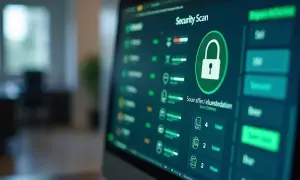Ekran komputera z programem do skanowania bezpieczeństwa. Widoczny komunikat "Security Scan" i ikona kłódki. Program może pomóc w kwestii jak zaktualizować sterowniki.
