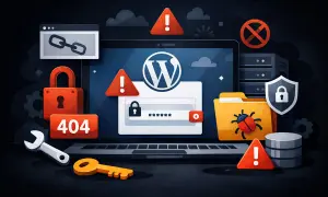 Ilustracja pokazuje laptop z ikonami błędów, kłódkami i kluczem, sugerując jak zresetować przeglądarkę po problemach z bezpieczeństwem.
