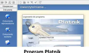 Ekran logowania do programu Płatnik. Klucz symbolizuje bezpieczeństwo, a okno logowania sugeruje, jak zaktualizować certyfikat kwalifikowany w płatniku.