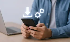 Dłoń trzymająca smartfon z ikonami pobierania i ustawień.