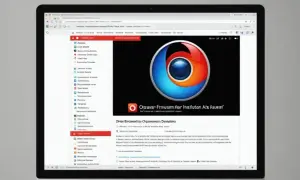 Instrukcja jak zainstalować przeglądarkę. Na ekranie laptopa widoczny jest interfejs przeglądarki z logo Firefox i tekstem.