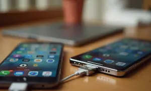 Dwa telefony podłączone kablem USB do laptopa. Dowiedz się, jak przenieść aplikacje na pulpit.