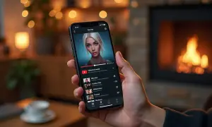 Telefon z aplikacją YouTube, pokazujący jak pobrać aplikacje YouTube na telefon. W tle kominek i przytulne światło.