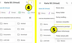Ekran telefonu z menedżerem plików. Widoczne opcje: "Ustawienia pamięci" i "dlaczego nie mogę przenieść aplikacji na kartę sd".