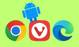 Android robot nad ikonami Chrome, Vivaldi i Edge. Jaka przeglądarka na Androida będzie najlepsza?