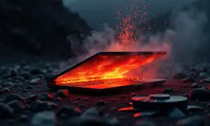 Laptop w ogniu, dym i iskry unoszą się w powietrze. To dramatyczne wizualne przedstawienie objawów przegrzania laptopa.