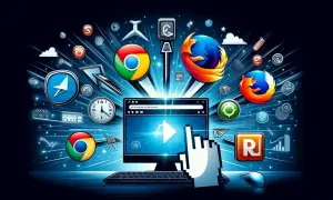 Ikony przeglądarek internetowych (Chrome, Firefox) wokół ekranu komputera z kursorem myszy.