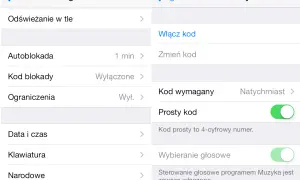 Ekran iPhone'a pokazuje ustawienia "Ogólne", gdzie można zobaczyć opcję "Kod blokady". Aby zmienić kod w iPhone, należy przejść do tej sekcji.