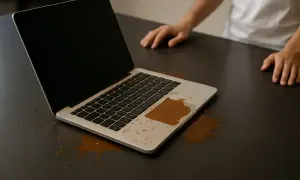 Zalany kawą laptop na biurku. Zastanawiasz się, co zrobić z zalanym laptopem? Szybka reakcja jest kluczowa!