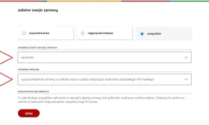 Formularz mBank: wybierz "rachunki", a następnie "wypowiedzenie umowy" by dowiedzieć się jak zamknac konto w mbank przez aplikacje.