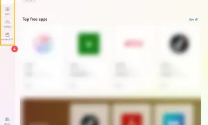 Ekran główny Microsoft Store z paskiem wyszukiwania i menu po lewej stronie.