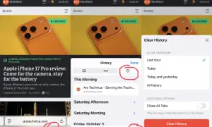 Gdzie jest przeglądarka w iPhone? Ikona książki na dole ekranu otwiera historię, a opcje czyszczenia są widoczne.