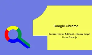 Grafika z lupą w kolorach Google i napisem "Google Chrome".