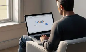 Mężczyzna siedzi przy oknie i szuka w internecie, jak ustawić Google jako domyślną przeglądarkę.