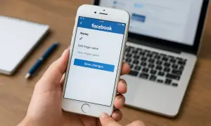 Dłoń trzyma smartfon z otwartą aplikacją Facebook, gdzie można edytować nazwę strony. To pokazuje, jak zaktualizować Facebooka.