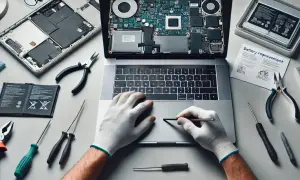 Naprawa laptopa, wymiana baterii. Widać rozebrany sprzęt, narzędzia i instrukcję. Uszkodzona bateria w laptopie objawy mogą być różne, ale ten obraz pokazuje proces naprawy.