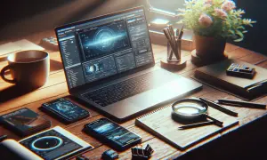 Na biurku leży otwarty laptop z ekranem pełnym danych, obok kubek kawy, telefony i lupa. Idealne miejsce, gdzie sprawdzić model laptopa.