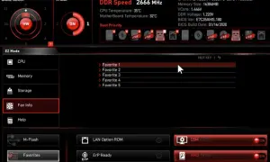 Ekran BIOS MSI Click BIOS 5. Widoczny jest interfejs EZ Mode, opcje takie jak CPU, Memory, Storage, Fan Info. W prawym górnym rogu znajduje się informacja o wersji BIOS. To dobry punkt wyjścia, by dowiedzieć się, jak zaktualizować BIOS.