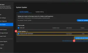 Aplikacja MyASUS pokazuje, jak zaktualizować BIOS ASUS. Widoczna jest krytyczna aktualizacja dla Qualcomm BSP S5507QAD.