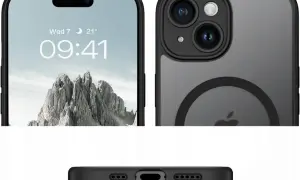Etui na iPhone 12 pasuje do 13? Zobacz zbliżenia ekranu, aparatu i dolnej krawędzi telefonu w czarnym etui.