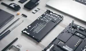Narzędzia i części do wymiany baterii w laptopie. Widoczna nowa bateria, płyta główna i śrubokręty.
