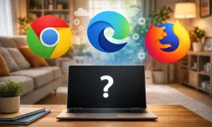 Loga przeglądarek Chrome, Edge i Firefox nad laptopem z pytajnikiem na ekranie.