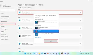 Ustawianie domyślnej przeglądarki w Windows 11: wybierz Firefox jako domyślną aplikację do otwierania plików .htm.