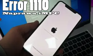 Naprawa błędu 1110 na iPhonie 8. Ekran z logo Apple i komunikatem "Próbuje odzyskać dane".