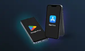 Dwa telefony z logo Google Play i App Store. Dowiedz się, jak kupić aplikacje na Google Play.