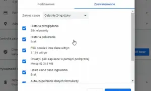 Okno "Wyczyść dane przeglądania" pokazuje, jak wejść w historię przeglądarki, zaznaczając elementy do usunięcia.