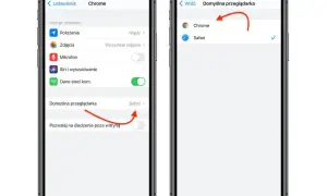 Dwa ekrany iPhone'a pokazujące ustawienia domyślnej przeglądarki: Chrome i Safari.