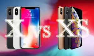 Porównanie iPhone X vs XS: dwa rzędy smartfonów Apple w różnych kolorach, z dużym napisem "X VS XS" na pierwszym planie.