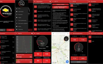 Aplikacja SDPROG pokazuje dane diagnostyczne pojazdu, w tym obroty silnika, prędkość i temperaturę. Można tu sprawdzić, jak zaktualizować sdprog, przeglądając menu Ustawienia.