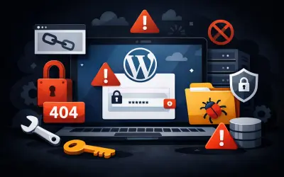 Ilustracja pokazuje laptop z ikonami błędów, kłódkami i kluczem, sugerując jak zresetować przeglądarkę po problemach z bezpieczeństwem.