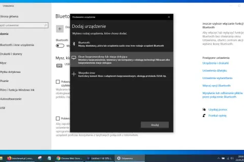 Ustawienia Windows: dodawanie urządzenia. Wybierz "Ekran bezprzewodowy lub stacja dokująca", by dowiedzieć się, jak przenieść obraz z laptopa na telewizor bezprzewodowo.