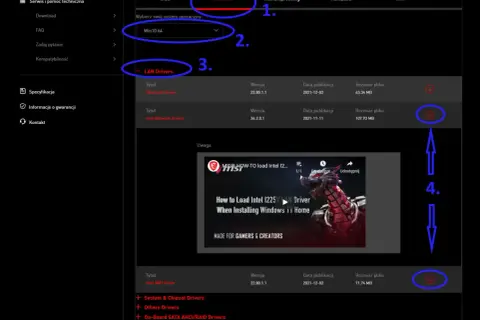 Jak zaktualizować sterowniki karty sieciowej: wybierz "Sterownik", system Win10 64, a następnie "LAN Drivers". Kliknij ikonę pobierania.