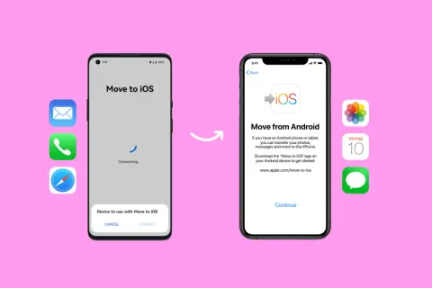 Ilustracja pokazuje, jak przenieść dane z Androida na iPhone. Widoczne są ekrany aplikacji "Move to iOS" na obu urządzeniach.