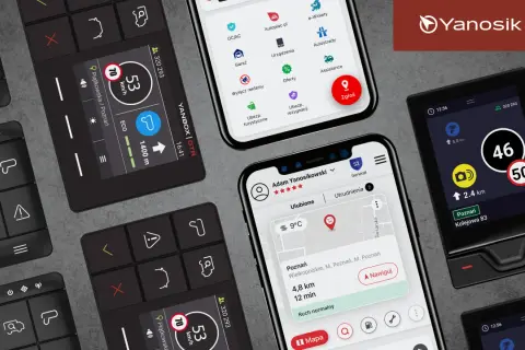 Jak pobrać aplikację Yanosik na telefon? Zobacz interfejs aplikacji na smartfonie i urządzeniu Yanosik.