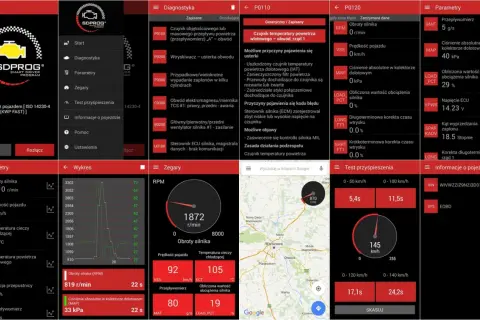 Aplikacja SDPROG pokazuje dane diagnostyczne pojazdu, w tym obroty silnika, prędkość i temperaturę. Można tu sprawdzić, jak zaktualizować sdprog, przeglądając menu Ustawienia.