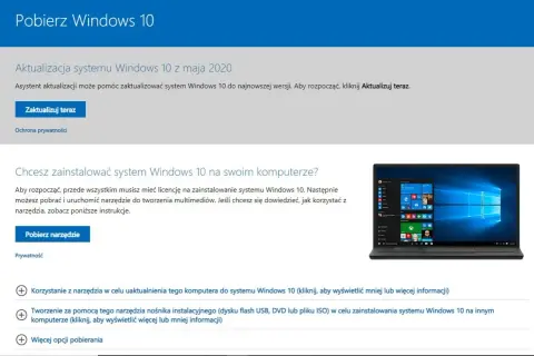 Strona pobierania Windows 10. Dowiedz się, jak zaktualizować Win 8.1 do 10 lub zainstalować system na nowo.