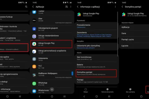 Ekran telefonu pokazuje, dlaczego nie mogę zaktualizować Usługi Google Play. Widoczne są ustawienia aplikacji, informacje o Usługach Google Play i zarządzanie pamięcią.