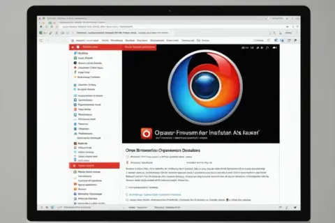Instrukcja jak zainstalować przeglądarkę. Na ekranie laptopa widoczny jest interfejs przeglądarki z logo Firefox i tekstem.