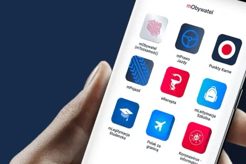 Ekran telefonu z aplikacją mObywatel. Widoczne ikony: mTożsamość, mPrawo Jazdy, Punkty Karne, mPojazd, eRecepta, mLegitymacja Szkolna, mLegitymacja Studencka, Polak za granicą, Koronawirus - informator. Dowiedz się, jak zaktualizować mObywatel.