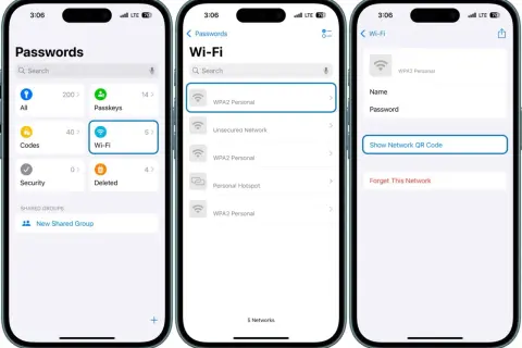 Jak udostępnić Wi-Fi iPhone: zobacz zapisane sieci Wi-Fi, wybierz jedną, by pokazać kod QR lub zapomnieć.
