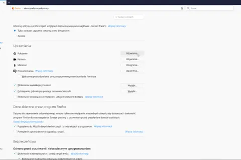 Ustawienia przeglądarki Firefox. Sekcja "Uprawnienia" pokazuje opcje dotyczące lokalizacji, kamery i mikrofonu. Kliknij "Ustawienia..." obok "Położenie", aby dowiedzieć się, jak włączyć sprawdzanie lokalizacji w przeglądarce.